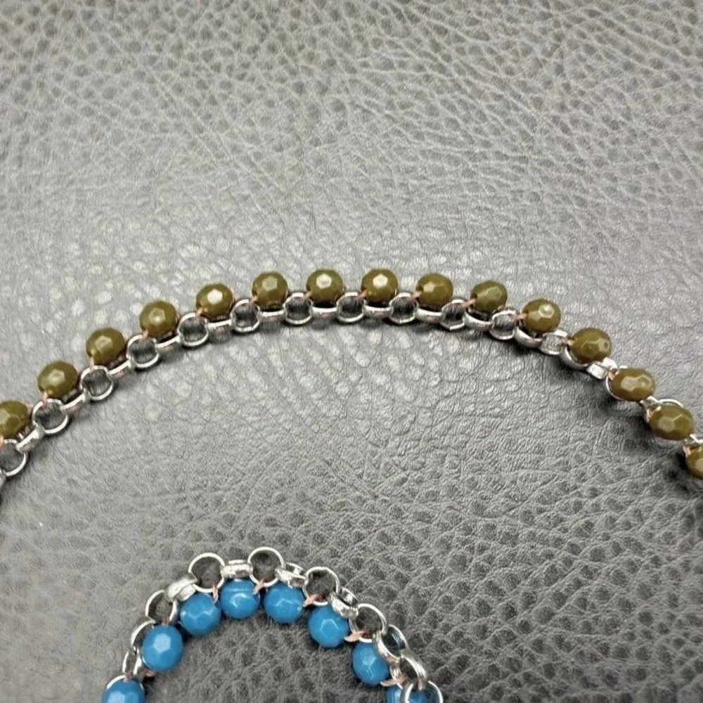Lia Sophia Beaded Chain Necklace Silver Tone Blue Brown Faceted Beads 36 Inch